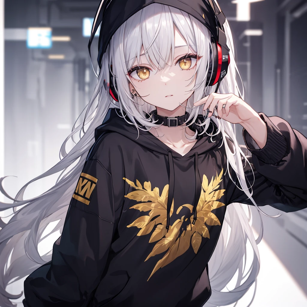 Golden Eyes、woman、Silver Hair、Semi-long hair、Put on some cool headphones,
Black hoodie oversized,
MytH, beautiful and delicate
Golden Eyes、Black clothes,Solo,
Near future