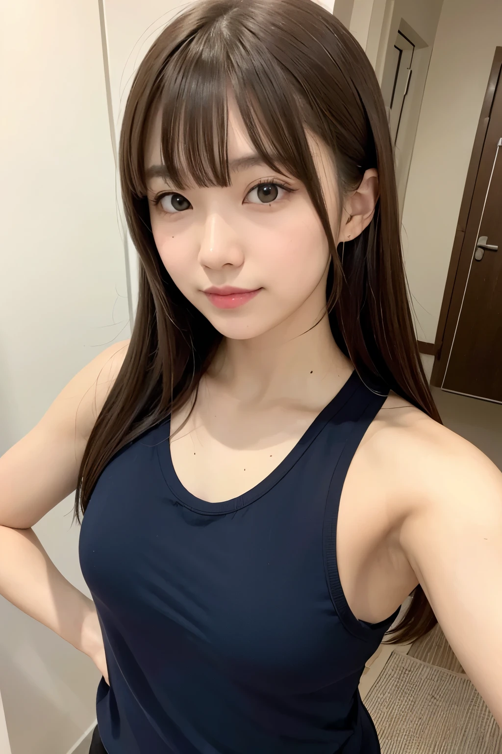 Brown Hair、With bangs、Clean system、Medium Hair、Japanese、Age 25、Slanted Eyes、Cut long、Very narrow eyes、Tank top、Selfie、room