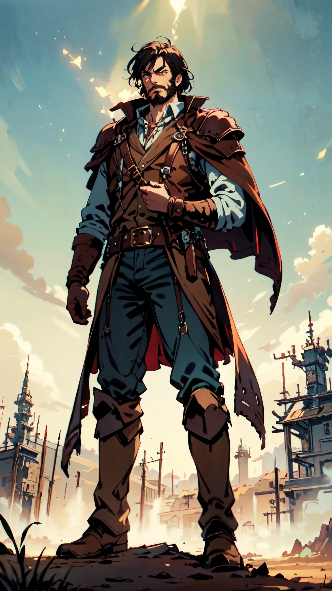 (masterpiece:1.2, best quality:1.2, extremely delicate:1.2), ((male:1.5)), a middle-aged man with short black and gold hair, rugged eyebrows, a full beard, downturned triangular eyes, an arrogant expression, mouth open laughing, a tall and robust build, a fantasy western-style cape and leather coat, his arms crossed over his chest, a leather utility belt, loose canvas trousers, standing majestically on a barren hillside, this character embodies a finely crafted fantasy western-style overlord in anime style, exquisite and mature manga art style, dramatic, high definition, highres, ultra-detailed, ultra-fine painting, professional, perfect body proportions, golden ratio, anatomically correct, symmetrical face, extremely detailed eyes and face, high quality eyes, creativity, RAW photo, UHD, 32k, Natural light, cinematic lighting, (masterpiece-anatomy-perfect:1.2)