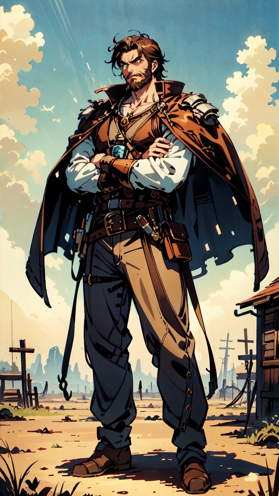 (masterpiece:1.2, best quality:1.2, extremely delicate:1.2), ((male:1.5)), a middle-aged man with short black and gold hair, rugged eyebrows, a full beard, downturned triangular eyes, an arrogant expression, mouth open laughing, a tall and robust build, a fantasy western-style cape and leather coat, his arms crossed over his chest, a leather utility belt, loose canvas trousers, standing majestically on a barren hillside, this character embodies a finely crafted fantasy western-style overlord in anime style, exquisite and mature manga art style, dramatic, high definition, highres, ultra-detailed, ultra-fine painting, professional, perfect body proportions, golden ratio, anatomically correct, symmetrical face, extremely detailed eyes and face, high quality eyes, creativity, RAW photo, UHD, 32k, Natural light, cinematic lighting, (masterpiece-anatomy-perfect:1.2)