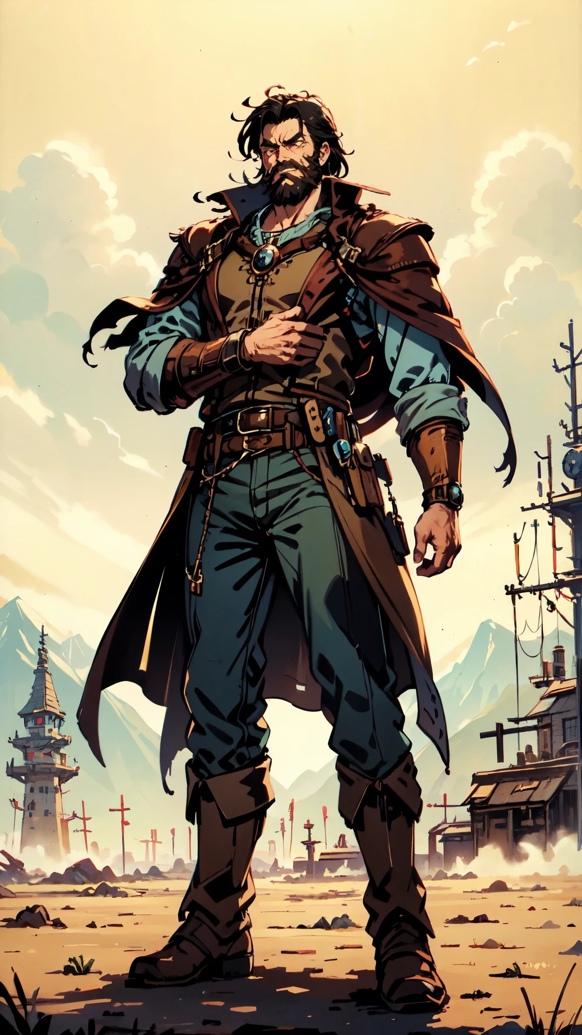 (masterpiece:1.2, best quality:1.2, extremely delicate:1.2), ((male:1.5)), a middle-aged man with short black and gold hair, rugged eyebrows, a full beard, downturned triangular eyes, an arrogant expression, mouth open laughing, a tall and robust build, a fantasy western-style cape and leather coat, his arms crossed over his chest, a leather utility belt, loose canvas trousers, standing majestically on a barren hillside, this character embodies a finely crafted fantasy western-style overlord in anime style, exquisite and mature manga art style, dramatic, high definition, highres, ultra-detailed, ultra-fine painting, professional, perfect body proportions, golden ratio, anatomically correct, symmetrical face, extremely detailed eyes and face, high quality eyes, creativity, RAW photo, UHD, 32k, Natural light, cinematic lighting, (masterpiece-anatomy-perfect:1.2)