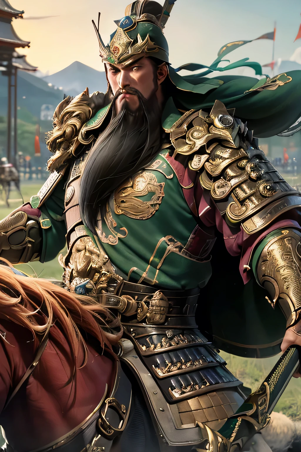 masterpiece, masterpiece_portrait, clearly, clearly_image, High target_solve, High targetres, High target_quality_Japanese cartoons, High target_quality, overtake_detail, Finely_detailed,4K, Guan Yu green armor long beard long handle blade