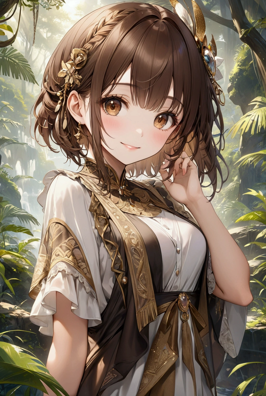 (Highest quality, 8k, 32K, masterpiece, Ultra-high resolution,:1.2),to be born, One Girl,So cute , hair ornaments,,Multicolored Hair,Upper Body,Brown Hair,cowboy, Buying Girl, Brown eyes, Brown eyes, bangs, Brown Hair,Medium Hair,smile, Sexy pose, A fantasy background that resembles a wilderness or an electronic world,