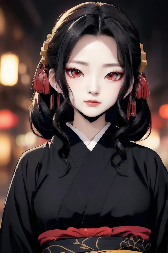 a close up of a woman with red eyes wearing a black kimono, kimetsu no yaiba, visual of a young woman, nezuko, demon slayer , onmyoji portrait, female , nezuko-chan, kaguya ōtsutsuki, ultra realistic