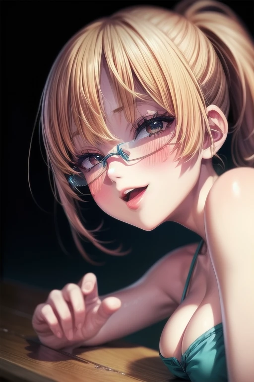 (Tabletop:1.0), (highest quality:1.4), (High resolution:1.2), From the side,Sharp contours,  boyish, highest quality, masterpiece,Glasses,Voice of the Heart,20-year-old woman,yandere,Big Breasts,Chest to chest,Lying face down,Upper Body,Ecstasy,saliva,blush,Squint your eyes,Heterochromia iridis,Tuck up your clothes,lure, 