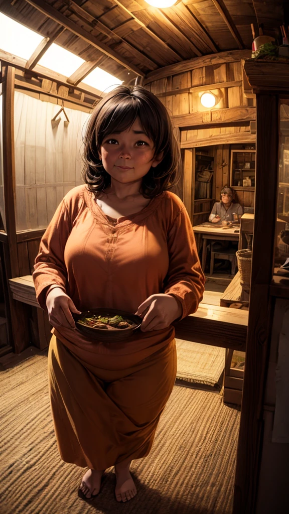 A romantic couple in a hut, evening, short clothes, girl with big hips, detailed face and body, photorealistic, highly detailed, cinematic lighting, warm color tones