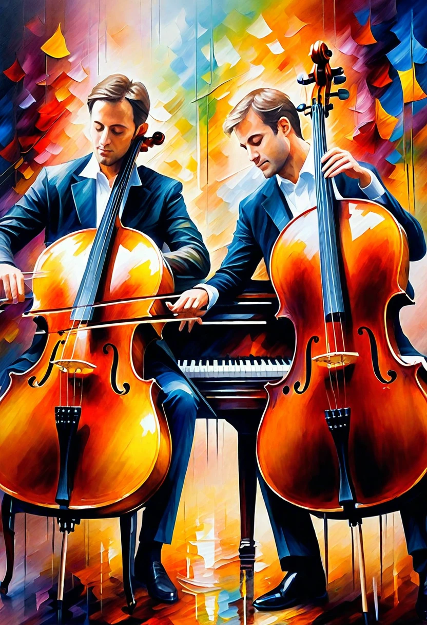 a painting of two men playing cellos on a piano, Leonid Afremov and Tim White, Promotional Art, Virtuoso paintings, By Laszlo Balogh, Adrian Bolda, cello, Afremof Reonido, Vrop and Andrey Ryabovitchev, Musician, By Eugenius Zak, Jaza and Lost Rose