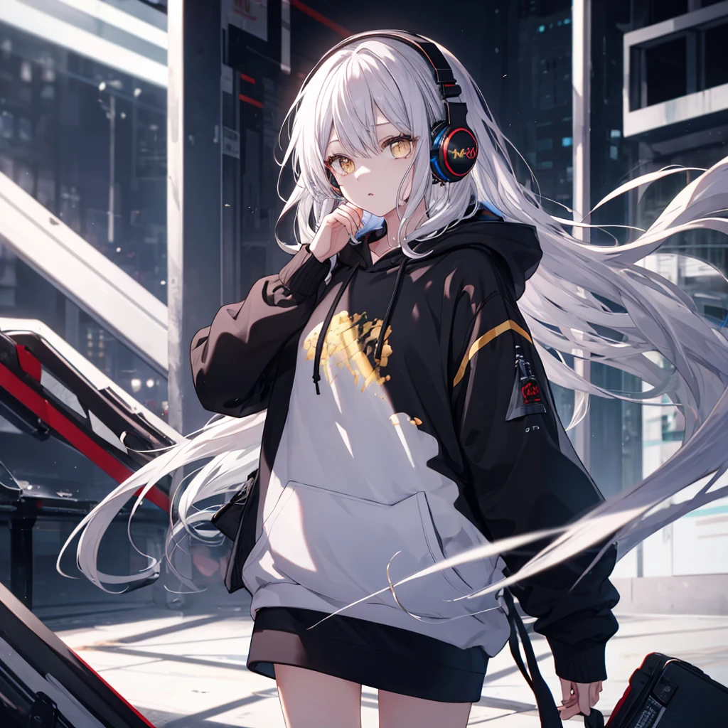 Golden Eyes、woman、Silver Hair、Semi-long hair、Put on some cool headphones,
Black hoodie oversized，
MytH, beautiful and delicate
Golden Eyes、Black clothes，Solo，
Near future
