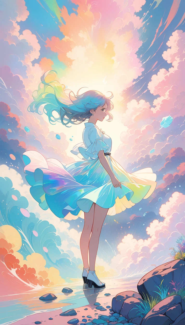 Soft pastel colors, Cartoon-style illustration of a woman looking at the world while experiencing hallucinations, Stones were thrown at, Splash Art, Splash Pastel Colors, (soft Iridescent glowy smoke) Motion Effect, Highest quality, Wallpaper Art, Ultra-high resolution, Centered Images, M Schiffer Art, ((Flat Color)), (Cel-shaded style) Very vivid neon colors, ((Low saturation)) Incline, Iridescent,