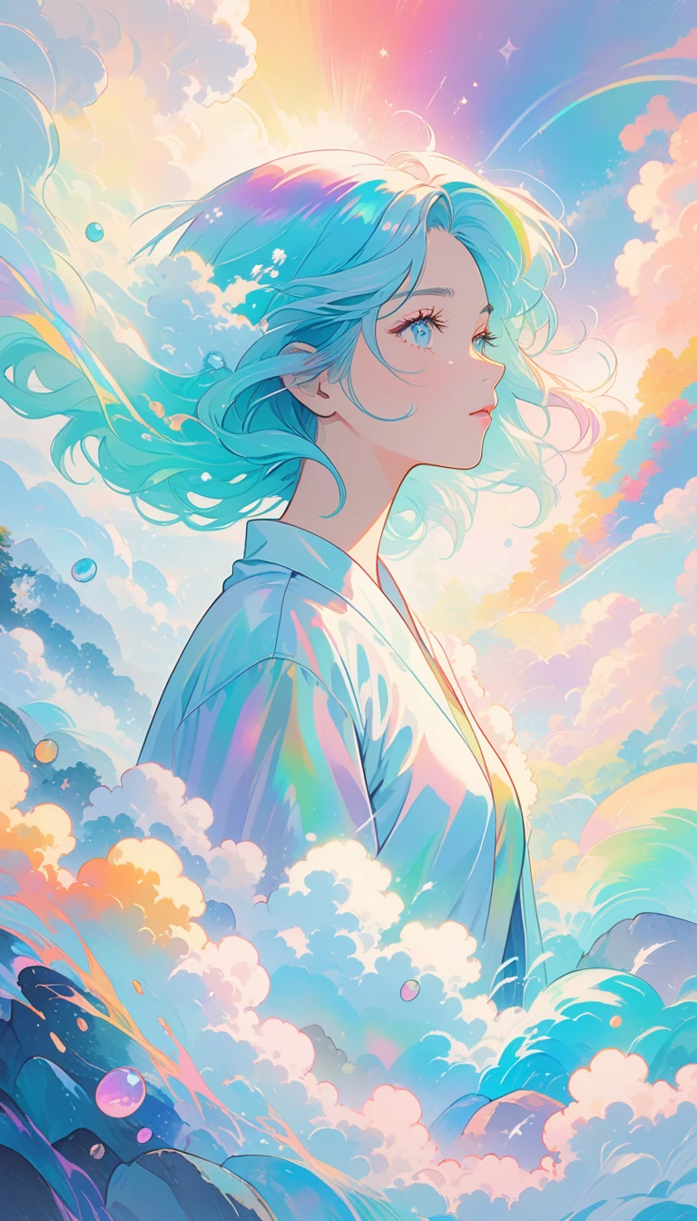 Soft pastel colors, Cartoon-style illustration of a woman looking at the world while experiencing hallucinations, Stones were thrown at, Splash Art, Splash Pastel Colors, (soft Iridescent glowy smoke) Motion Effect, Highest quality, Wallpaper Art, Ultra-high resolution, Centered Images, M Schiffer Art, ((Flat Color)), (Cel-shaded style) Very vivid neon colors, ((Low saturation)) Incline, Iridescent,