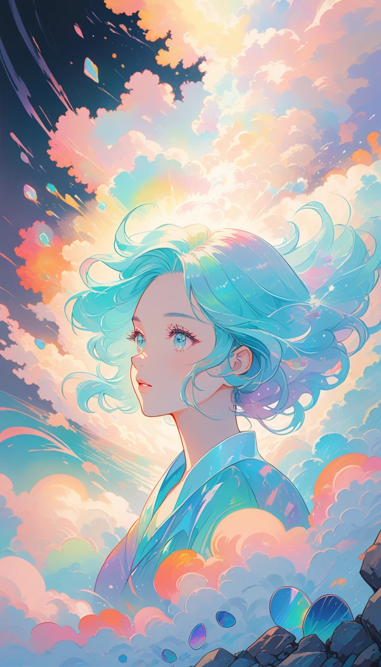 Soft pastel colors, Cartoon-style illustration of a woman looking at the world while experiencing hallucinations, Stones were thrown at, Splash Art, Splash Pastel Colors, (soft Iridescent glowy smoke) Motion Effect, Highest quality, Wallpaper Art, Ultra-high resolution, Centered Images, M Schiffer Art, ((Flat Color)), (Cel-shaded style) Very vivid neon colors, ((Low saturation)) Incline, Iridescent,