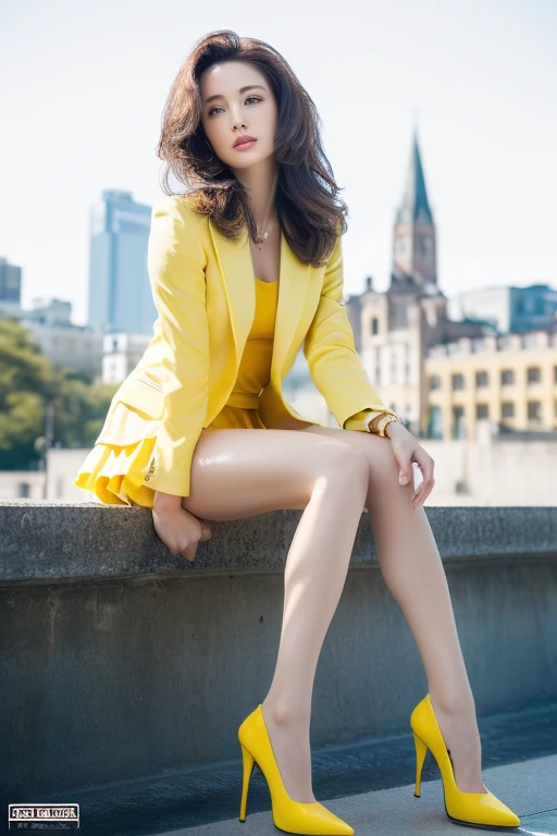 (Highest quality、Ultra-high resolution、masterpiece)、(Full Body Portrait)、(Yellow Blazer)、shirt、(Yellow long skirt:1.3)、(silk pantyhose)、High heels、(When sitting, both legs look beautiful.)、1 girl、(Large Breastodern architecture in the background、((Perfect Anatomy, Perfect body, Perfect hands, Perfect Face, Perfect Eyes, Accurate, Anatomically correct)), Perfectly clear and sharp focus, (Highest quality、Ultra-high resolution, masterpiece, Ultra-realistic)、Professional Lighting