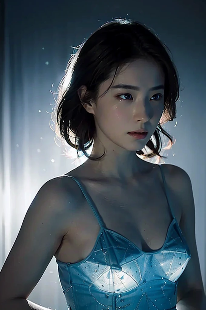 Imagine a glass woman, Her exquisite figure is like a work of art, Crying under the stars. The blue night enveloped her, A melancholy light enveloped her graceful figure. Her glass Body Glows with bright blue hues, Every line and curve is engraved with intricate detail. The glass in her eyes reflects the twinkling stars, Embodying the infinite depth and emotion of the universe. Her sadness is beyond words, But her beautiful figure remains unaffected, Proof of the extraordinary power of emotion. This 4K glass woman is a delicate painting of light and shadow, color, and feeling, arrive，Body Glow，Glowing Line，Fluorescence,Glow Example，Tracking Example，flash，萤Light Particles，Backlight，translucent，Light Particles，Correct human anatomy，