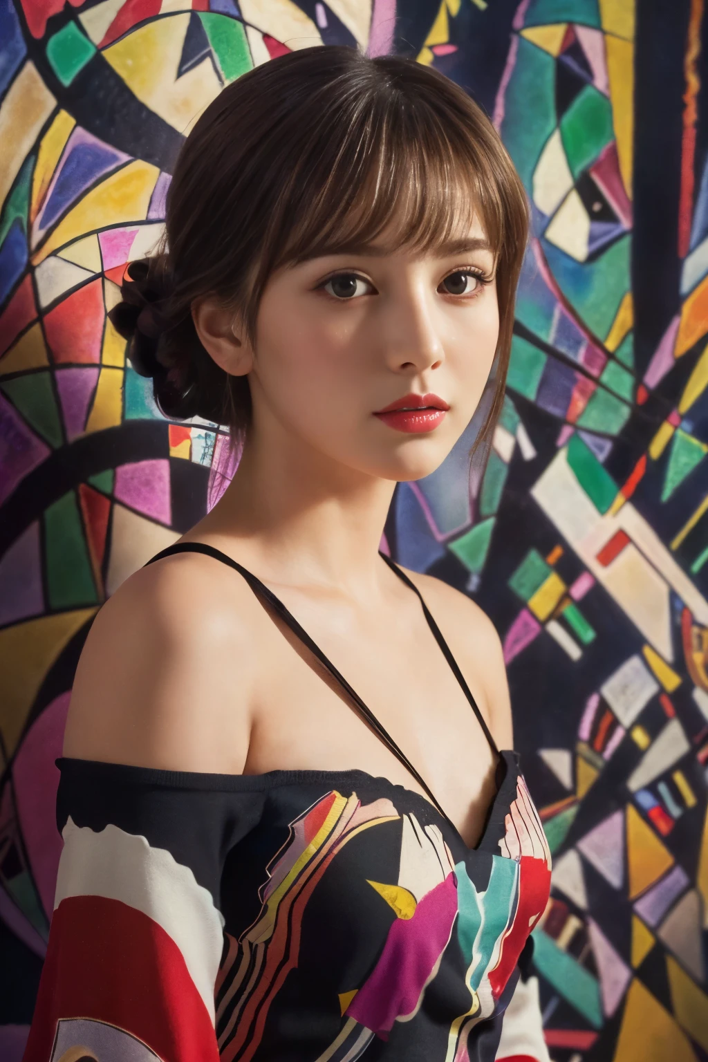 ((masterpiece:1.4, Highest quality)), (Realistic photos:1.4), (artwork),
((1 girl)), (Otherworldly beauty), (dream-like),
(超High resolution:1.2), Very delicate and beautiful, wonderful, Very detailedな CG Unity 8k 壁紙, Very detailed, High resolution,
Soft Light, Beautiful detailed girl, Very detailedな目と顔, Beautiful and exquisite nose, Beautiful and exquisite,
(Dressed in early 20th century Western European clothing:1.3),
Cinema Lighting, Perfect Anatomy, Slender body, (Parted bangs),
(Portrait of a Girl:1.5), (Abstract background with Kandinsky-style design:1.5),
Cowboy Shot