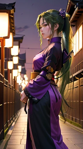 high resolution、anime、One Woman、Samurai costume、Long Hair、ponytail、Her hair is deep green、Facing forward、Kyoto street corner、Standing facing the viewer on Gojo Bridge in Kyoto、Full body portrait、At dusk、The backlight is too bright、No one else、Purple Sky、