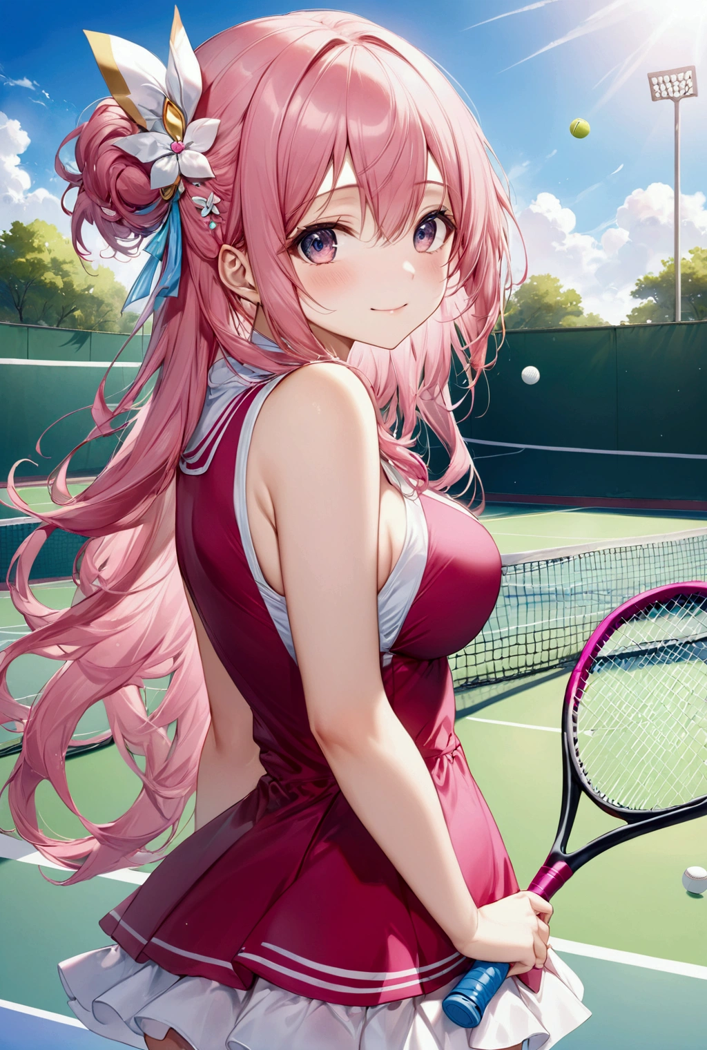 (Highest quality, 8k, 32K, masterpiece, Ultra-high resolution,:1.2),to be born, One Girl,So cute , hair ornaments, eye, Multicolored Hair,Upper Body, Pink Hair, Magical girl, Tennis courtのような電子世界のようなファンタジー背景, clear, 輝くeye, Age 25 ,Fair skin, Pink Hairの少女, Sexy Costumes, Long Hair, An innocent smile, Large Breasts,, Tennis court,tennis racket