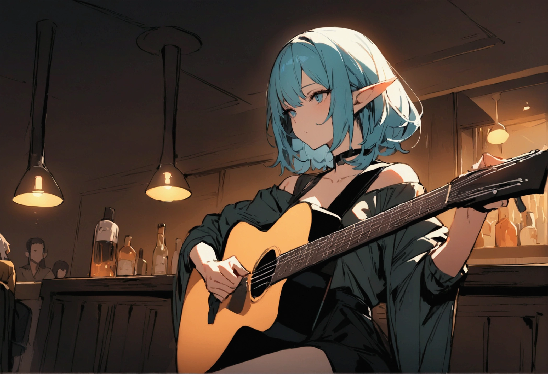 (masterpiece, Highest quality:1.2), Perfect Face、Female elf playing guitar at a bar
