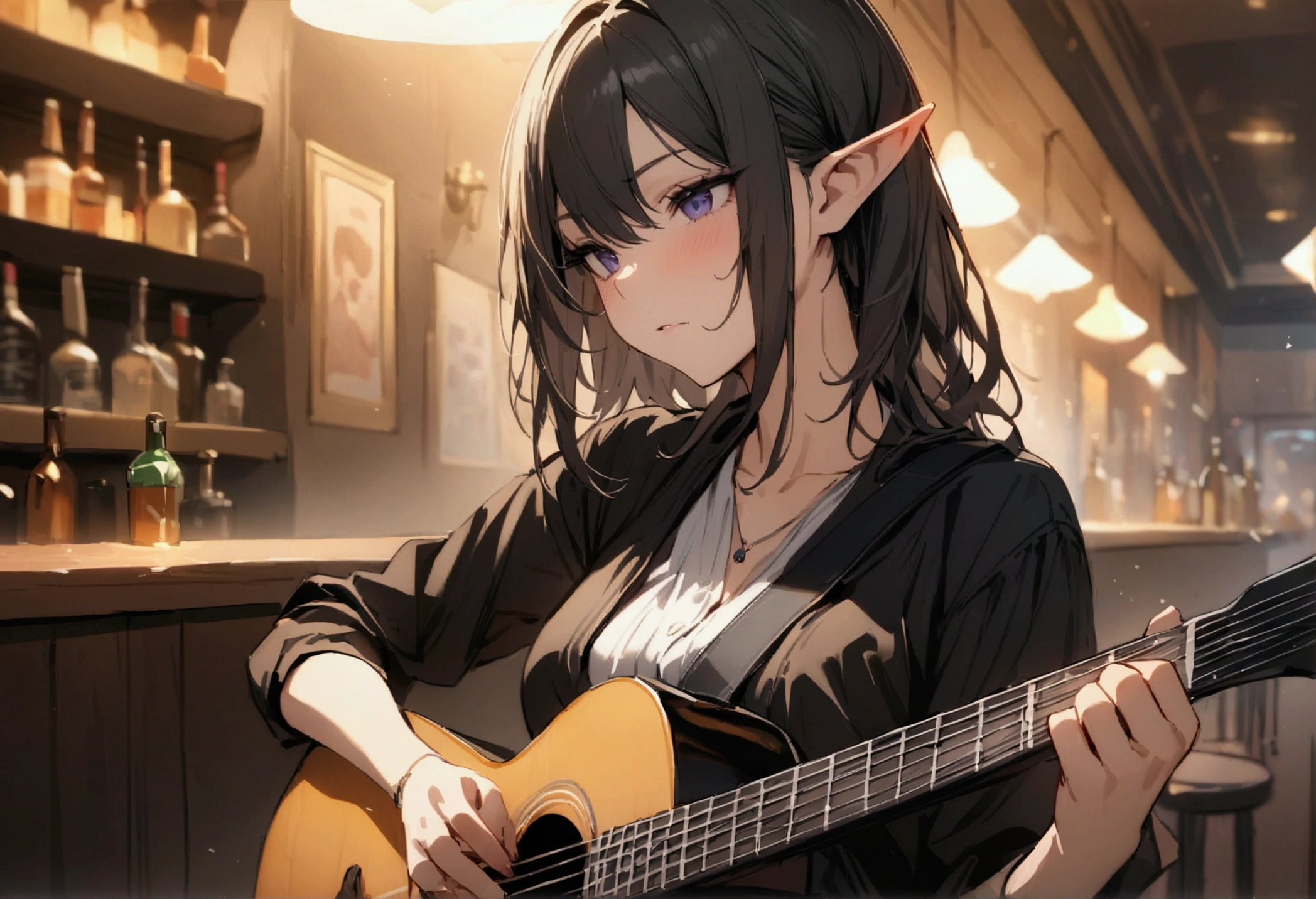 (masterpiece, Highest quality:1.2), Perfect Face、Female elf playing guitar at a bar