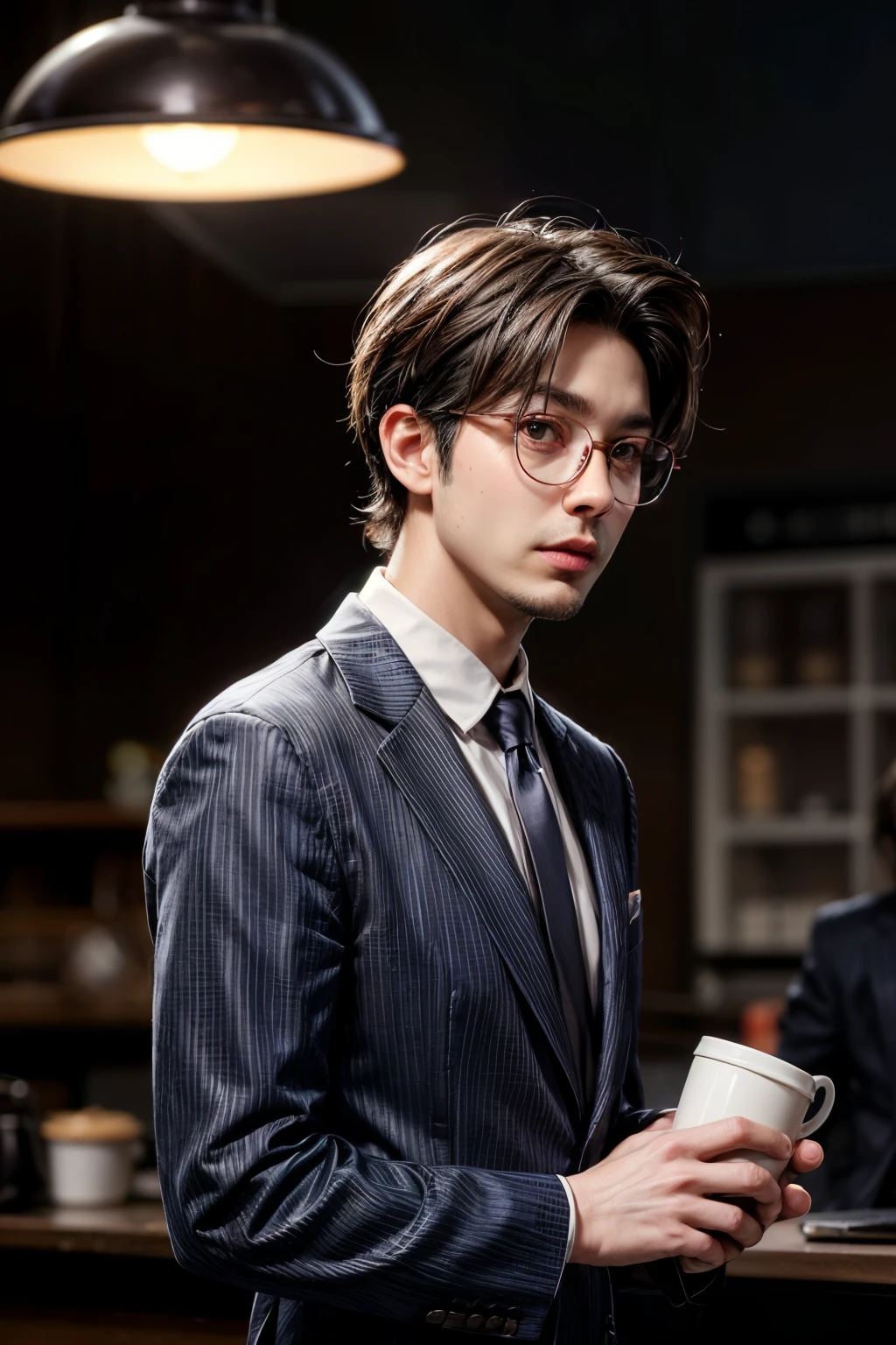 (front view:1.4), 1man 40 year old, solo, office suit, brown(spike hair), blurry_background, red neon light, glasses, holding cup of coffee
