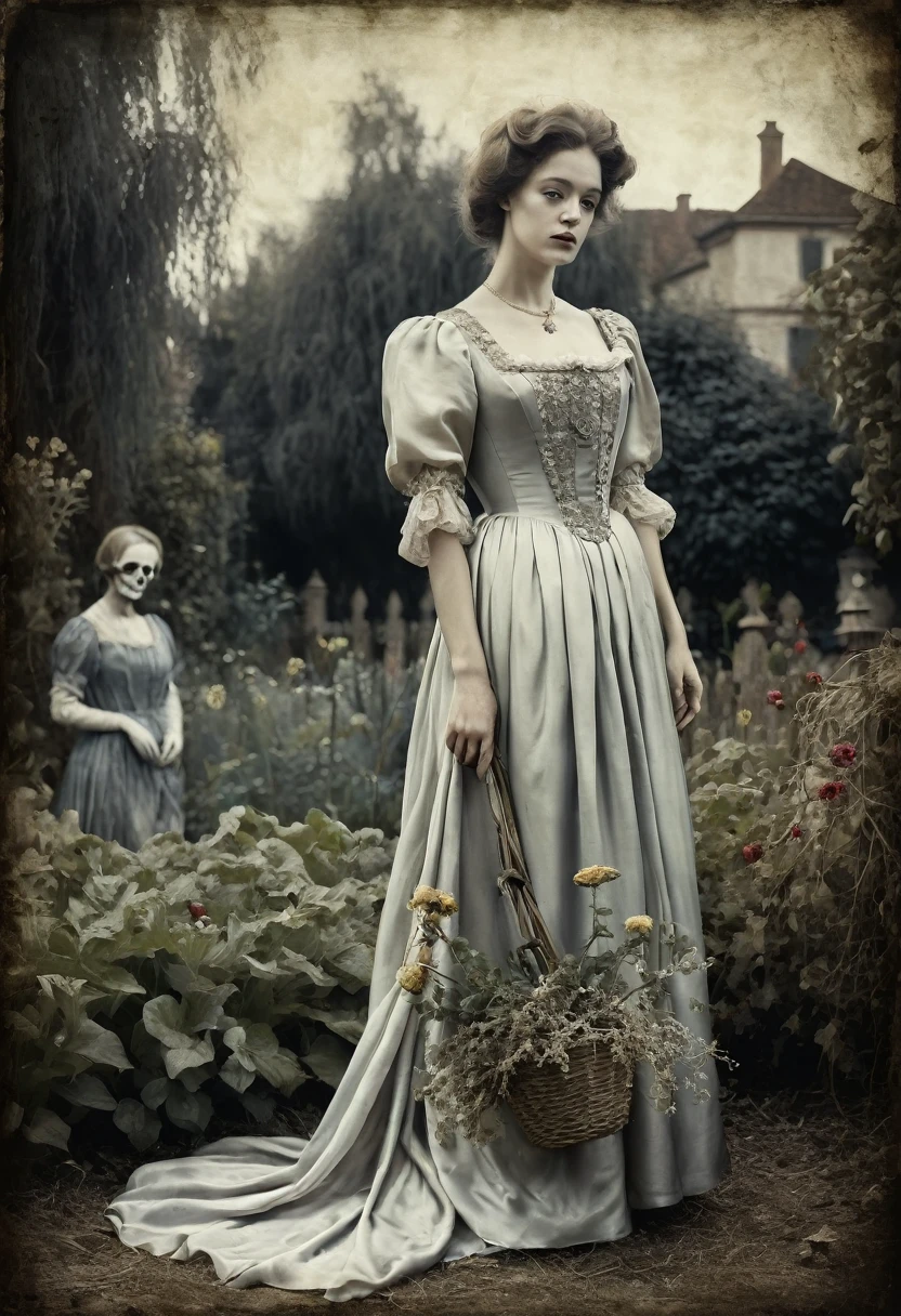 old picture of a women lady in a silk dress, with a dead garden background, classic horror, desaturated, oil paint, renaissance period