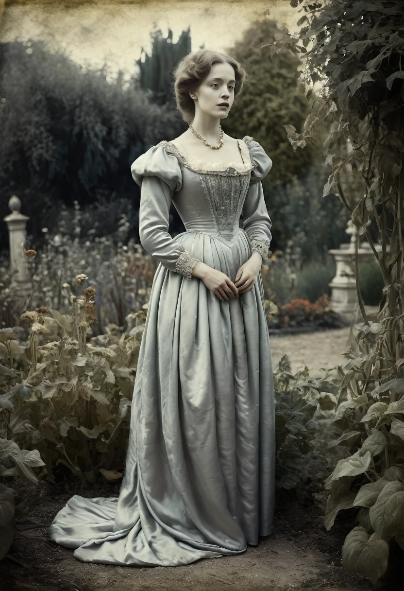 old picture of a women lady in a silk dress, with a dead garden background, classic horror, desaturated, oil paint, renaissance period