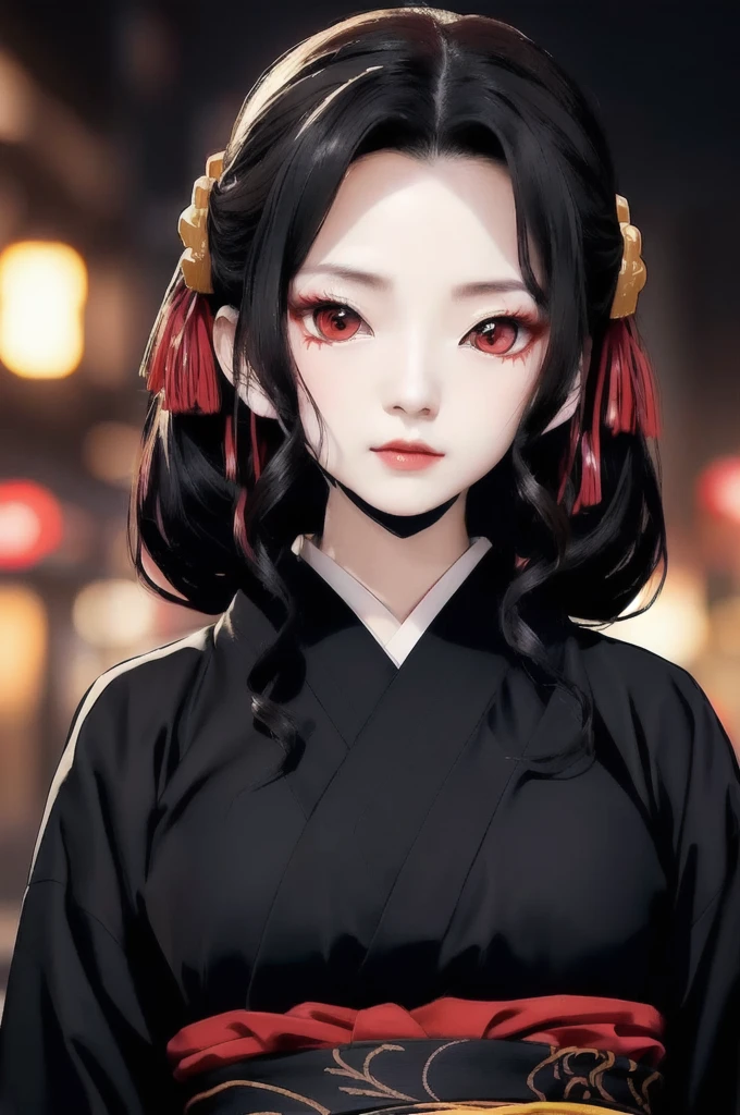 a close up of a woman with red eyes wearing a black kimono, kimetsu no yaiba, visual of a young woman, nezuko, demon slayer , onmyoji portrait, female , nezuko-chan, kaguya ōtsutsuki, ultra realistic