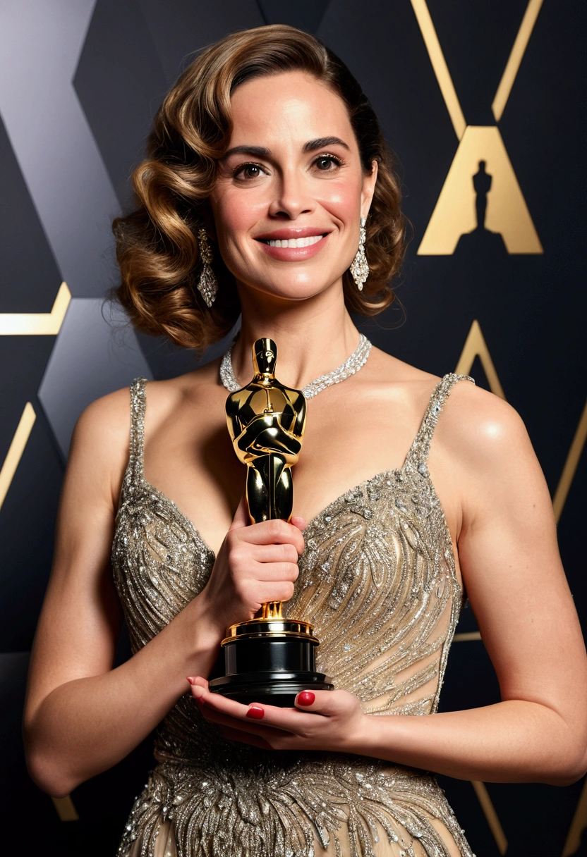 (a woman holding an oscar trophy, best quality,4k,8k,highres,masterpiece:1.2),ultra-detailed,(realistic,photorealistic,photo-realistic:1.37),high-quality cinematic lighting,dynamic camera angle,dramatic lighting,cinematic composition,elegant evening gown,glamorous red carpet,paparazzi flashing cameras,emotional facial expression,proud and joyful,triumphant victory pose,ornate oscar trophy,hollywood red carpet event,high fashion makeup and hairstyle,luxurious jewelry and accessories