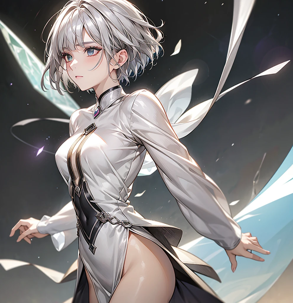 silver hair, short hair, asymmetrical bangs, crystal hair, shiny hair, Surrealism, lens flare, アニメ, 8k, super detail, uhd, retina, masterpiece, accurate, anatomically correct, textured skin, super detail, high details, high quality, award winning, best quality, highresA girl inspired by Uranus, with a lively atmosphere but a sad and dignified expression. She has short silver hair. The background includes meteors streaking across the sky. She is standing.Like Takarazuka