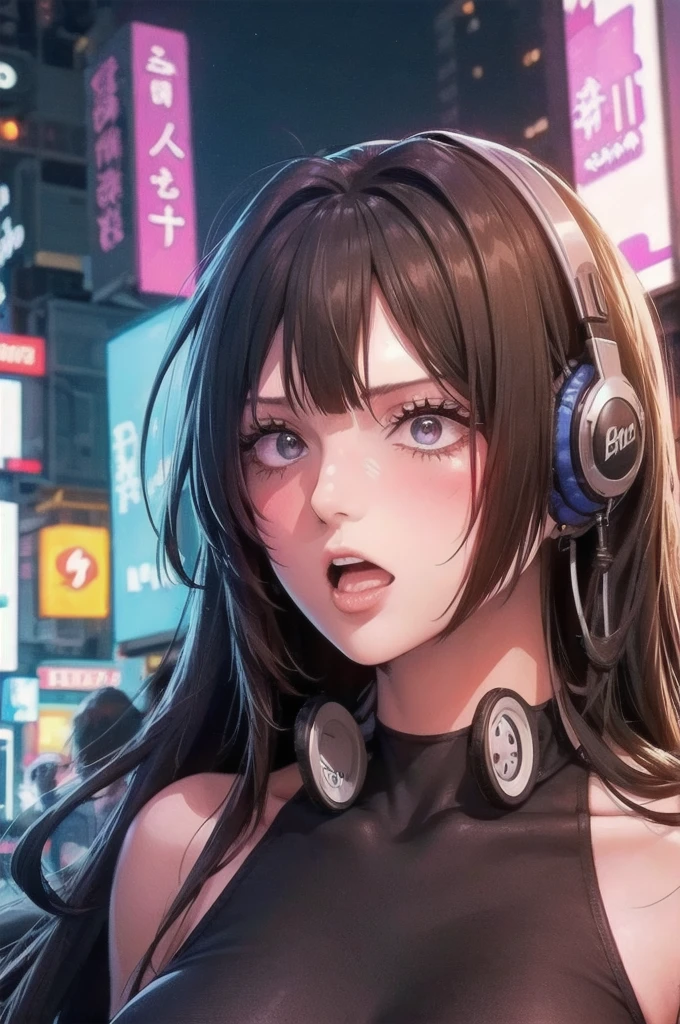 Brown hair . beautiful woman with curly hair and sunglasses wearing full size headphones - ear piece or surround dark room neon cyberpunk at night coordinator neon glow
