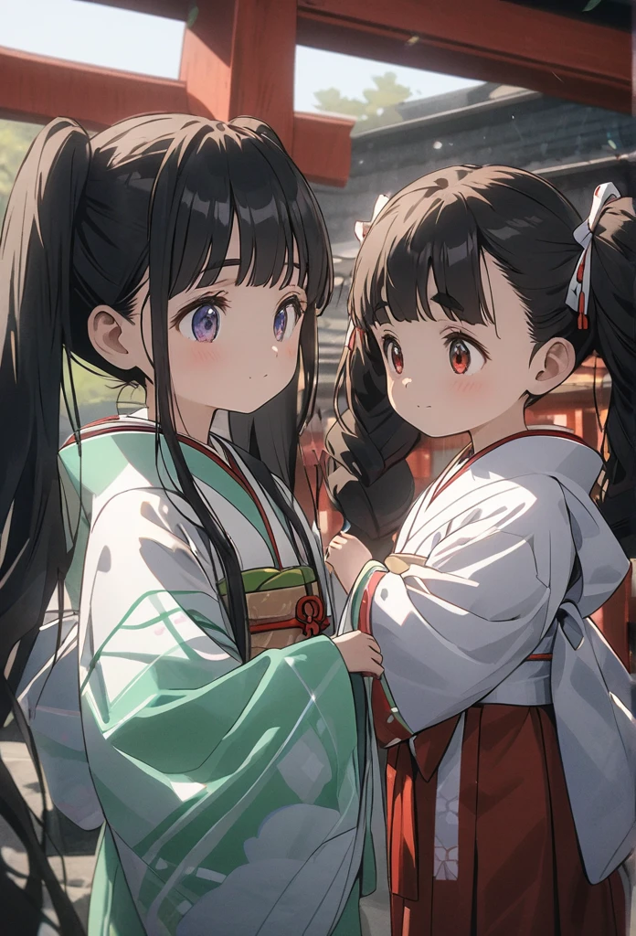 Japan 、One person、5 years old、（Sden costume）、4 heads、Shrine maiden、Digital Portrait,Black Hair、 Long hair in twin tails、Thick eyebrows, Incredible color grading, kimono,Japanese clothing,Jacket White Japanese clothing,Japanese kimono hakama、Red Hakama、 Cinematography, art、shrine、泣く