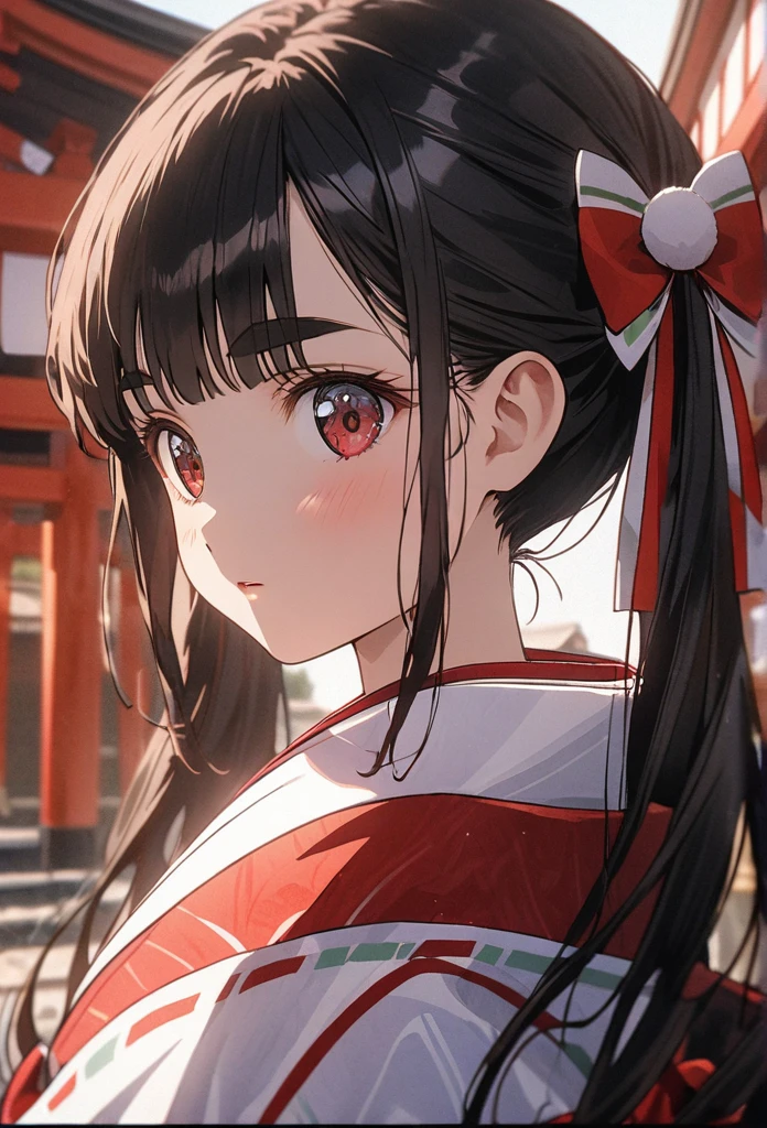 Japan Little Girls、One person、5 years old、（Shrine maiden costume）、4 heads、Shrine maiden、Digital Portrait,Black Hair、 Long hair in twin tails、Thick eyebrows, Incredible color grading, kimono,Japanese clothing,Jacket White Japanese clothing,Japanese kimono hakama、Red Hakama、 Cinematography, art、shrine、泣く