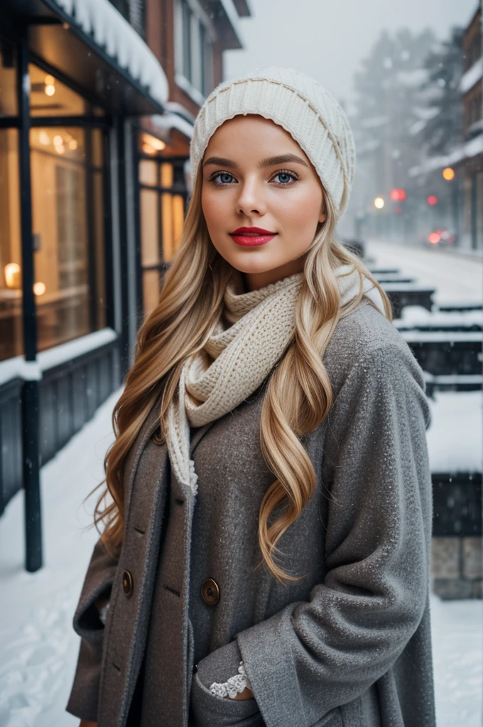 professional portrait photograph of a gorgeous Norwegian girl in winter clothing with long wavy blonde hair, sultry flirty look, gorgeous symmetrical face, cute natural makeup, wearing elegant warm winter fashion clothing, ((standing outside in snowy city street)), stunning modern urban environment, ultra realistic, concept art, elegant, highly detailed, intricate, sharp focus, depth of field, f/1. 8, 85mm, medium shot, mid shot, (((professionally color graded))), bright soft diffused light, (volumetric fog), trending on instagram, hdr 4k, 8k, hijab, red lipstick 