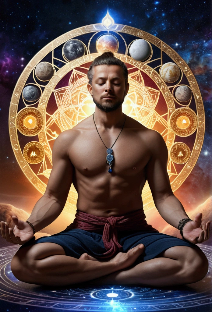 1 man in a meditation pose,yoga,horoscope,runes in m c r format,3 moons,astral connection,ultra-detailed,(realistic,photorealistic,photo-realistic:1.37),(best quality,4k,8k,highres,masterpiece:1.2),ultra-fine painting,physically-based rendering,extreme detail description,professional,vivid colors,studio lighting