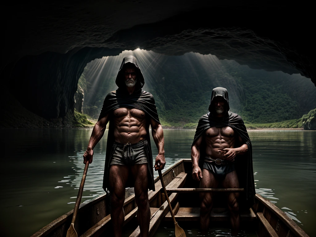 scene depicting a pensive, muscular old man as a ferryman across a huge  lake in an underground cave. The old man is dressed in shreds of a black cape with a hood, revealing his muscular torso. He is standing on the boat leaning on an oar and seems to be waiting for someone. The shore of the lake is covered with stone rubble and bones of people and animals. The entire scene is illuminated by gloomy and mysterious light creating an interesting chiaroscuro.