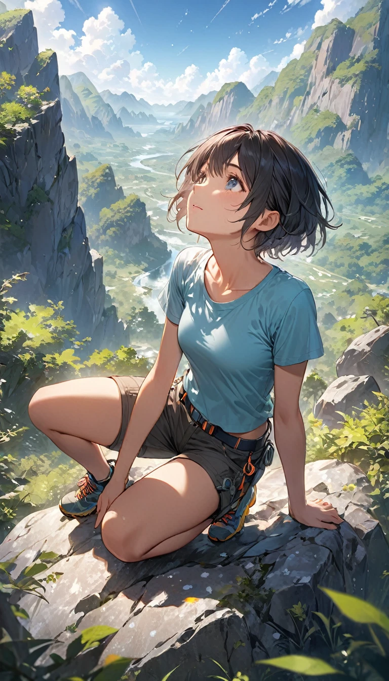 (master piece),(best quality), BREAK, 15yo gal,((dark skin body:1.2)),small breast, BREAK, dark black hair,under ponytails,flipped short hair, BREAK, for head,thick eyebrow,blue eyes,open mouth, BREAK,fog ruins night,forest,treasure hunter costume,booty shorts,Water bottle,sitting cliff edge,Mechanical pengin bot,looking up