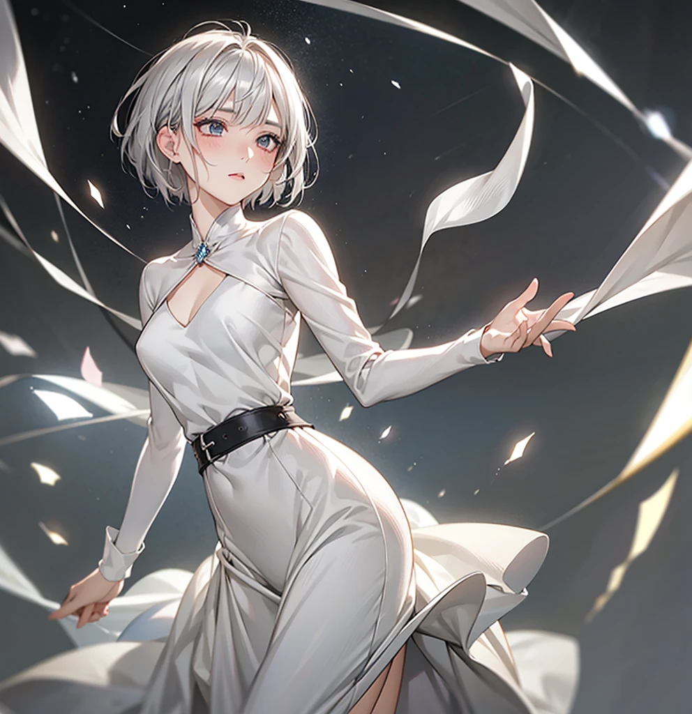 silver hair, short hair, asymmetrical bangs, crystal hair, shiny hair, Surrealism, lens flare, アニメ, 8k, super detail, uhd, retina, masterpiece, accurate, anatomically correct, textured skin, super detail, high details, high quality, award winning, best quality, highresA girl inspired by Uranus, with a lively atmosphere but a sad and dignified expression. She has short silver hair. The background includes meteors streaking across the sky. She is standing.Like Takarazuka