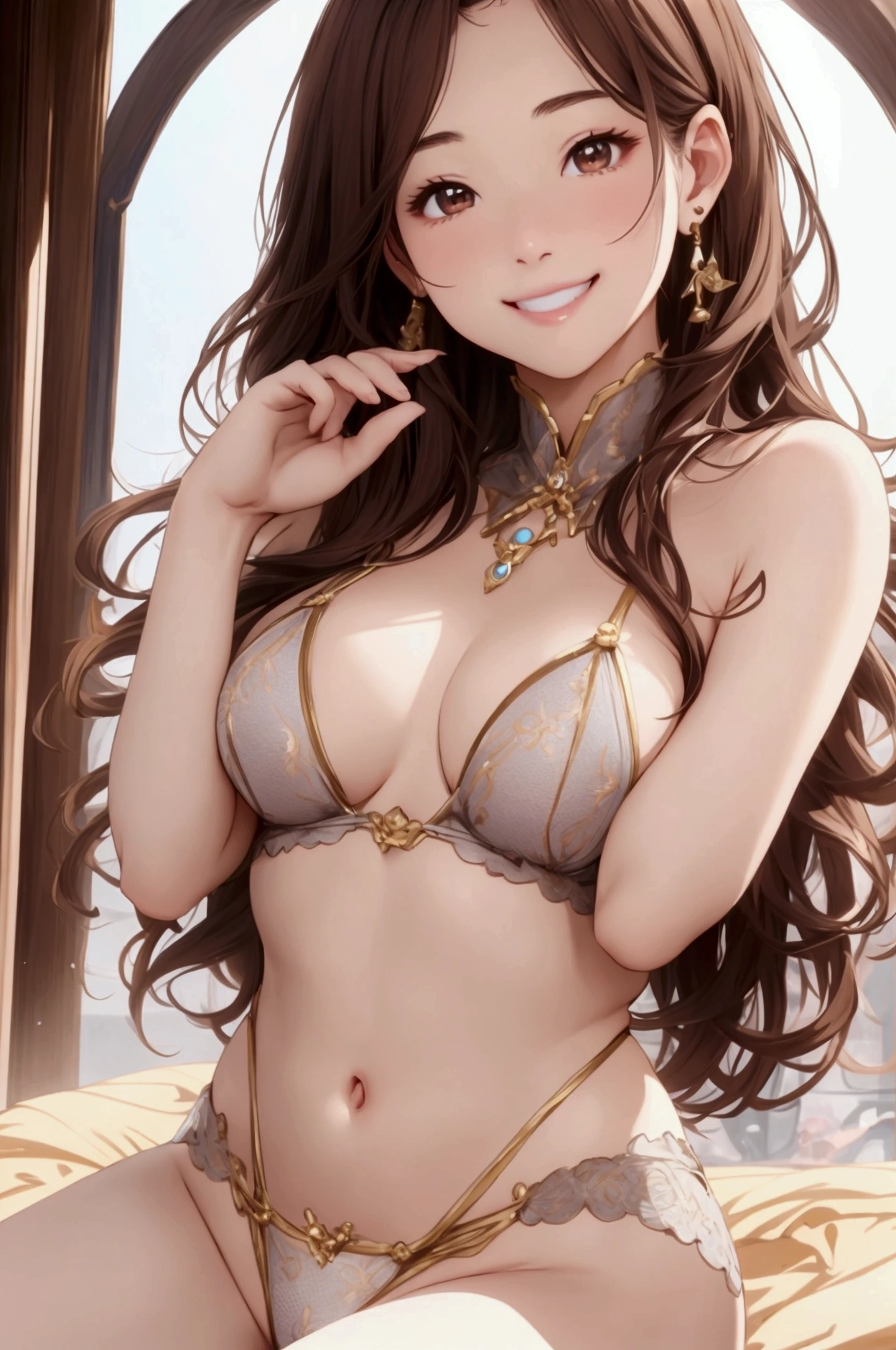 1 female、Brown Hair、Brown eyes、Highest quality、Very detailed、8 Resolution、RAW Photoasterpiece、Perfect body、High resolution、Highest quality、Detail view、Vibrant colors、Lure、smile、Long Hair、underwear、digital manga art girl、Like a real human being、Random sexy poses、美しいBrown eyes, Fuller lips, Gorgeous face with attention to detail, (かわいいsmile)、Beautiful woman, whole body、smile、Perfect line drawing, Beautiful line art、Skin Radiance、Skin Texture
