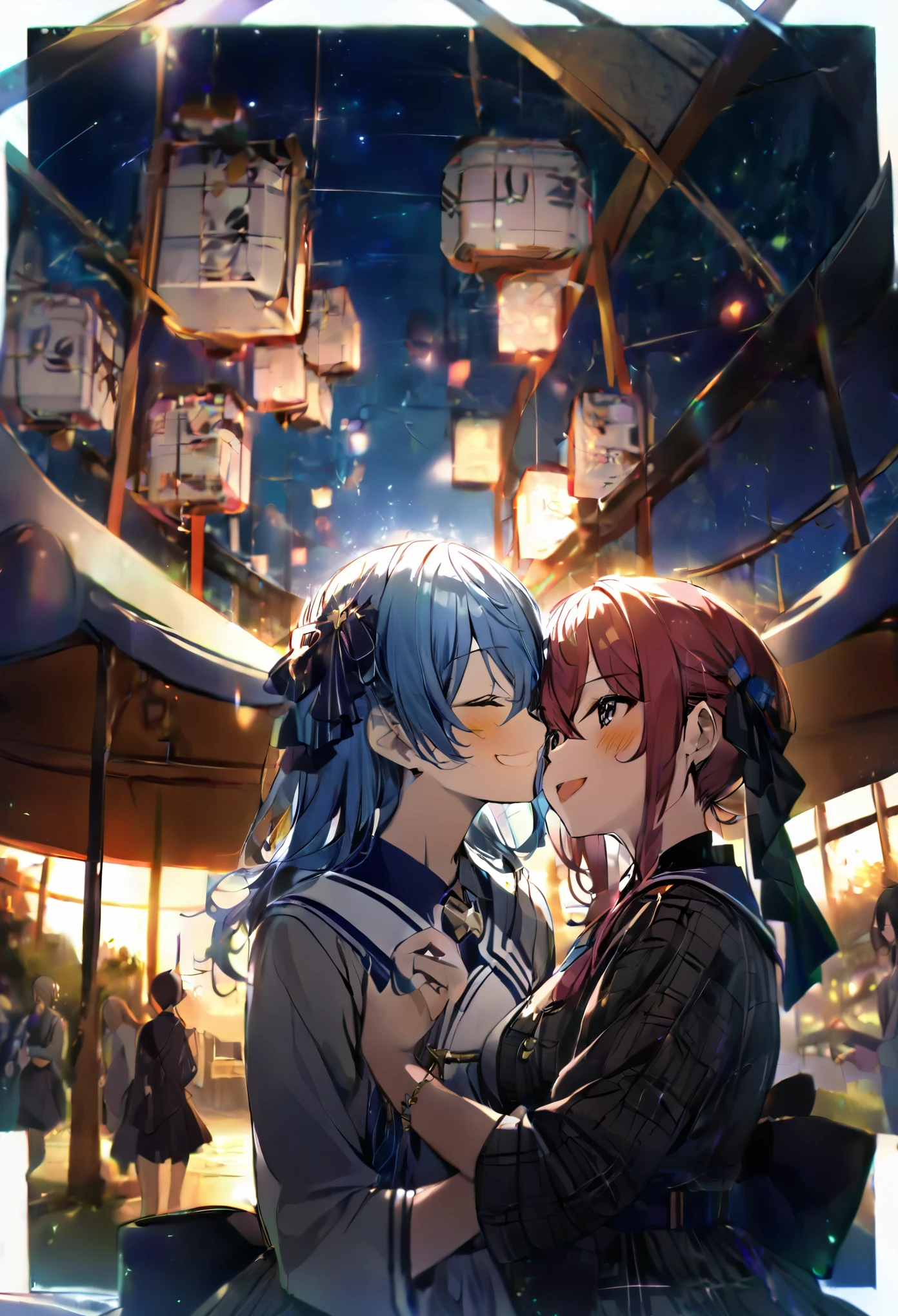 (((2girls))), together, two people, masterpiece, best quality, integrated scenery, integrated background, extremely delicate and beautiful, meticulous details, good composition, closed_eyes, cute face, perfect face, perfect hands, fingernails, sakura miko, SakuraMiko, HoshimachiSuisei, hoshimachi suisei, blurry background, sunlight, light blush, ((school)), upper body, looking each other, smile, , (hugging each other),in_school,sunlight,kissing,happiness,light up