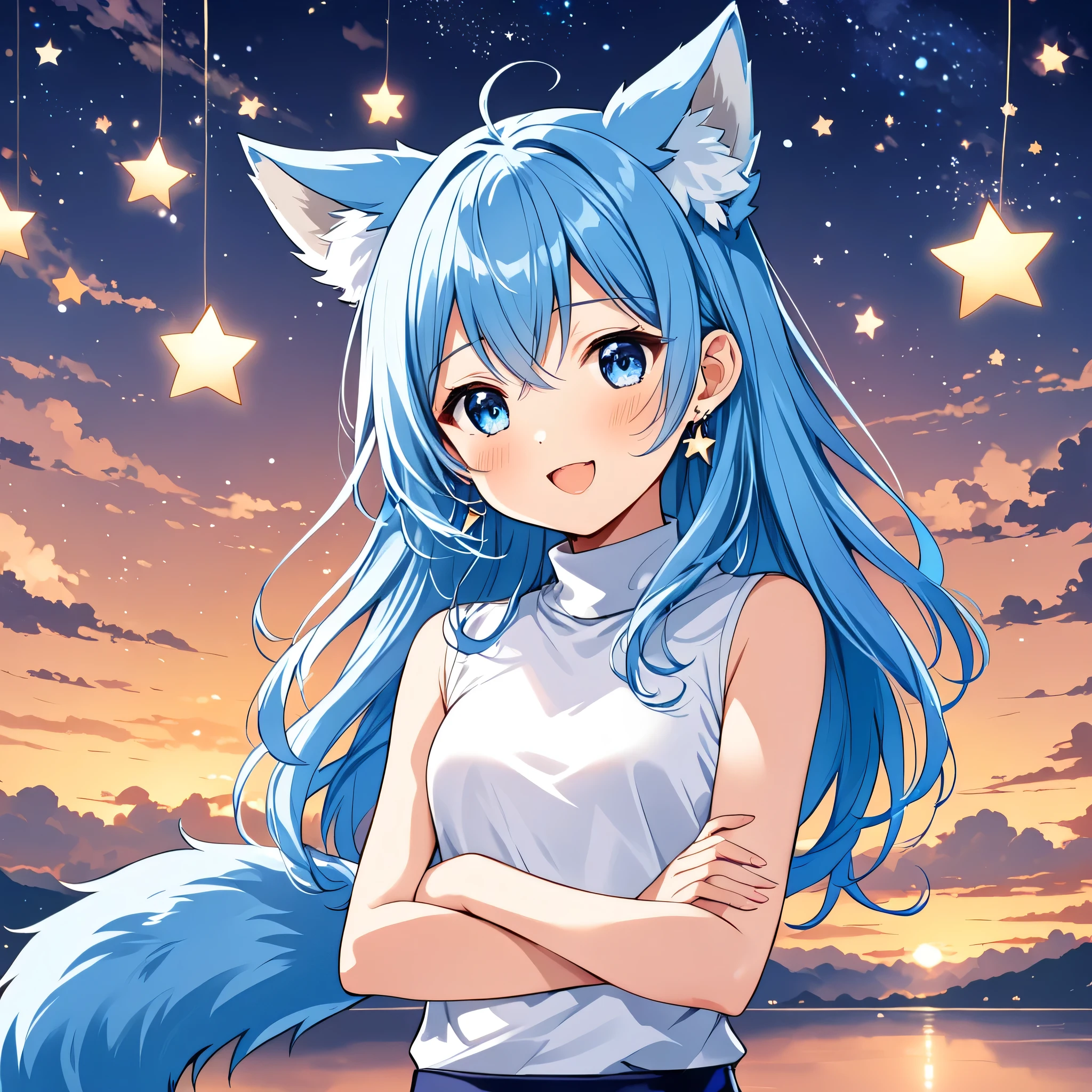 A Japanese Demi-Human Journalist () with sky blue hair, long and a little wavy, falling gracefully from the shoulders.
Big and clear, always glowing with curiosity and enthusiasm.
clear and smooth, with a lightness that highlights its semi-human nature.
wolf's ears, covered in soft blue fur, positioned on top of the head, giving a lovely and distinguished look.
A blue wolf tail that wags happily, reflecting your emotions.
 A white micro t-shirt with a turtleneck, fitted and with a cute design that matches your age.
  A low-waisted pencil skirt, decorated with small star or flower designs for a childlike touch.
 Slender and exposed, but in an appropriate and innocent way, highlighting your slender figure.
 Small earrings in the shape of hearts or stars, adding a charm .

Often seen with arms crossed cutely or with one hand raised, as if he was excitedly explaining something.
Always with a radiant smile or an expression of curiosity, ready to discover new stories.