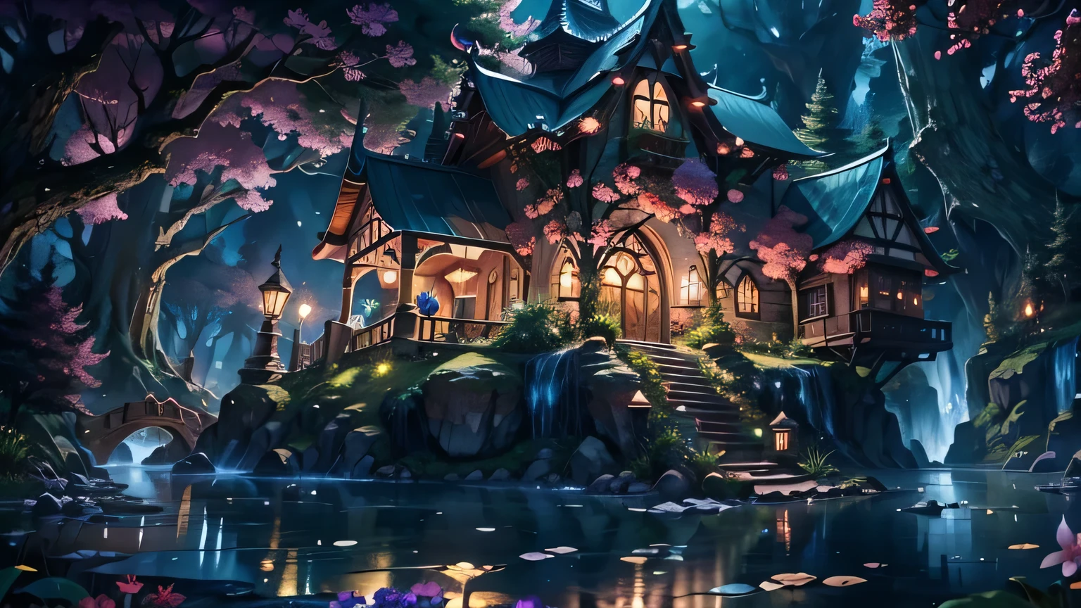 A full view of a fair crystallized glass house in the middle of fantasy woods ,unrealistic ,fairy tales,high quality ,4K,beautiful night ,fantasy vibe,extremely detailed ,extremely fantasy ,extremely zoom out ,midnight, the free-flowing water fall at the back ,fantasy creatures around