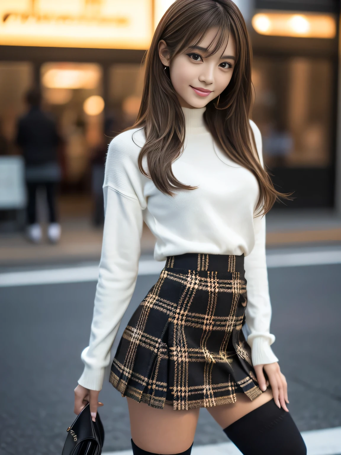 masterpiece, best quality, ultra-detailed, intricately detailed hyperdetailed, realistic, sharp features, highly detailed, sharp focus, Realistic, Photorealistic:1.3, (17 years old:1.3), perfect face, perfect symmetrically eyes, perfect full lips, hyper detailed, hyper realistic, high resolution, Fashion Model, Japanese Idol, Slender, brown hair, Stylish, model poses, Beautiful Face, light brown hair, messy hair, Beautiful hairstyle, (seductive smile:1.2), (looking at viewer), cinematic lighting, blurred background, (Black knit:1.2), ((mini plaid skirt, black high socks)), (Shibuya),