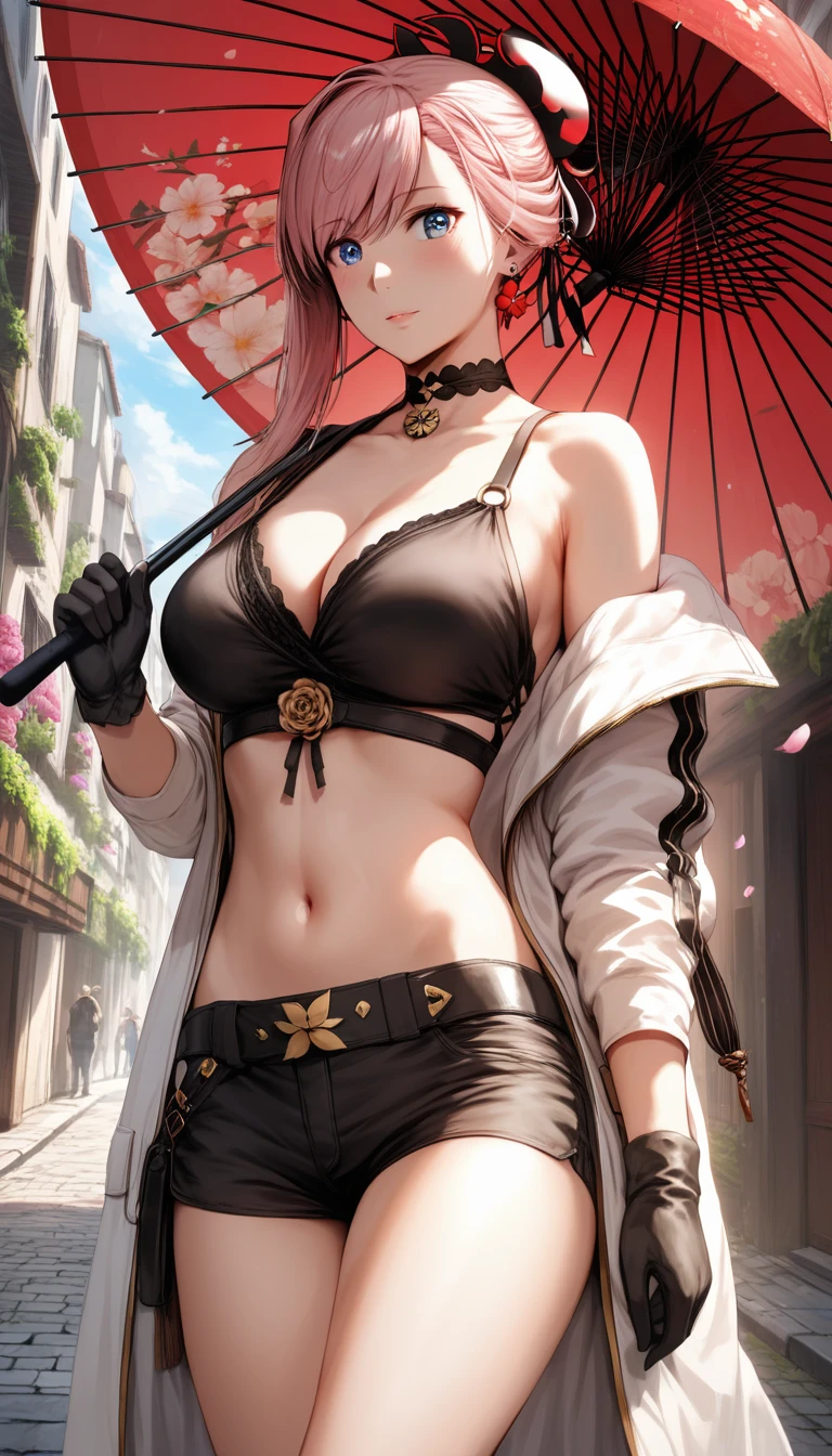 (hero neisan art style:0.7), (hews art style:0.7), score_9, score_8_up, score_7_up, score_6_up, score_5_up, score_4_up, uncensored, miyamoto musashi, pink hair, earrings, ponytail, asymmetrical hair, swept bangs, blue eyes, BREAK (masterpiece:1.2), best quality, high resolution, (detailed eyes:1.3), perfect lighting, (perfect hands, perfect anatomy), moolight, falling flower, umbrella, alleyway, 1girl, solo, red umbrella, stomach, , black choker, shorts, navel, umbrella, black shorts, midriff, choker, short shorts, standing, gloves, crop top, large breasts gloves, holding, thighs, boots, white coat, coat, looking at viewer, oil-paper umbrella, cleavage, holdella, flower, single bare shoulder, black footwear