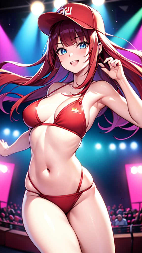 +sparkle+ 1_girlsolo, anime girl, long red hair, short bangs, baseball cap, blue bikini headphones, beach lighting,stage,(best quality:1.2),(ultra-detailed:1.2),(realistic:1.37),HDR,vivid colors,portraits, figure,headphone girl,anime style, atmosphere,techno music,electronic dance music,festival vibes,hip hop beats,festival outfit,energetic dance moves,expressive eyes,hairstyle with vibrant colors,neon lights,beaming smile,positive vibes,high-energy performance,stylized backgrounds,colorful visuals,excitement in the air, dancing, jumping