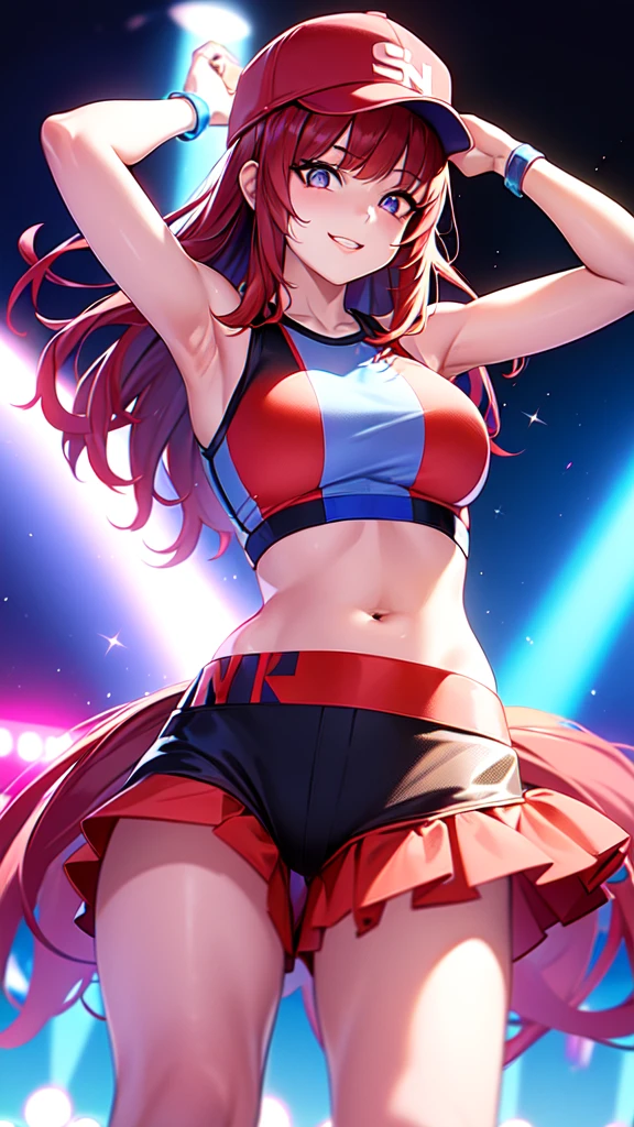 +sparkle+ 1_girlsolo, anime girl, long red hair, short bangs, baseball cap, blue bikini headphones, beach lighting,stage,(best quality:1.2),(ultra-detailed:1.2),(realistic:1.37),HDR,vivid colors,portraits, figure,headphone girl,anime style, atmosphere,techno music,electronic dance music,festival vibes,hip hop beats,festival outfit,energetic dance moves,expressive eyes,hairstyle with vibrant colors,neon lights,beaming smile,positive vibes,high-energy performance,stylized backgrounds,colorful visuals,excitement in the air, dancing, back turned