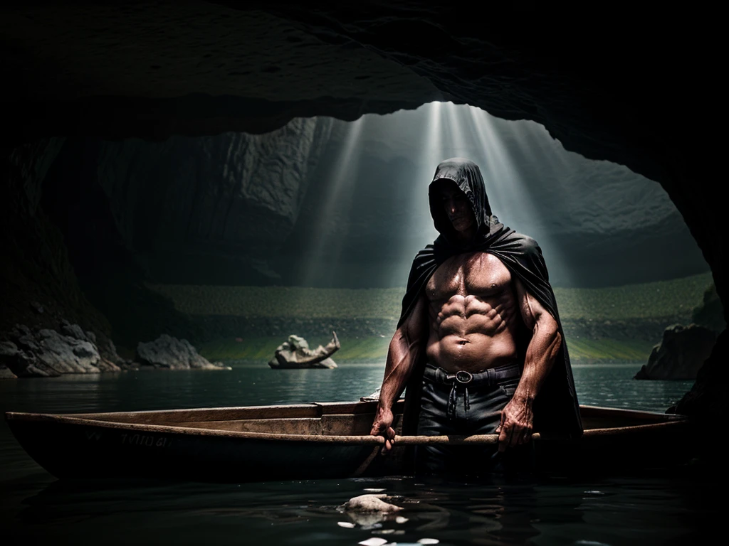 scene depicting a pensive, muscular old man as a ferryman across a huge lake in an underground cave. The old man is dressed in shreds of a black cape with a hood, revealing his muscular torso. He is standing on the boat leaning on an oar and seems to be waiting for someone. The shore of the lake is covered with stone rubble and bones of people and animals. The entire scene is illuminated by gloomy and mysterious light creating an interesting chiaroscuro.