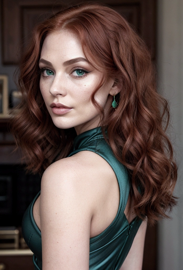 muka: defined contours, high cheekbones and full lips with a small mole strategically positioned next to the mouth, adding a touch of sensuality and mystery. hairs: vibrant redheads, with locks that fall softly over the face, framed by side bangs. A classic hairstyle, like a sleek bob or vintage waves, complements the aesthetics. eyeballs: grandes e expressivos, with an intense color such as emerald green or amber, that change tone depending on the light. Long, voluminous lashes enhance your look. cos: squatting with her back to the camera with generous breasts and ass, wearing tight blue pants