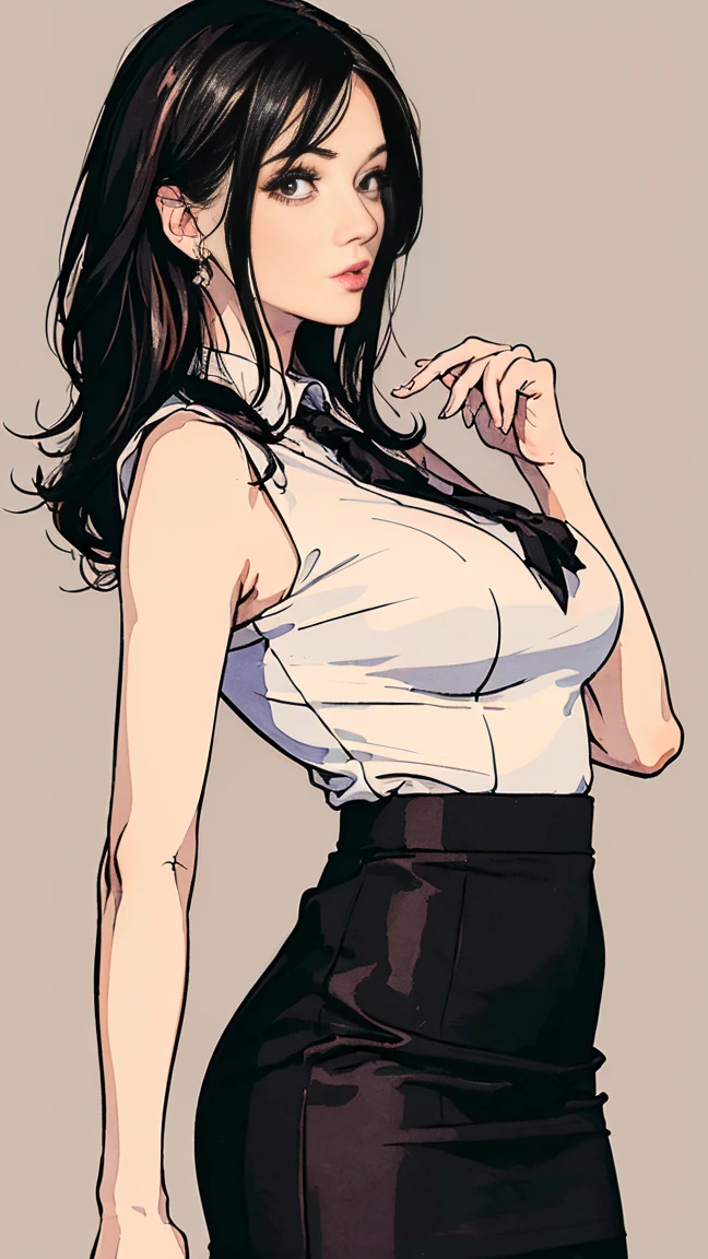 ((masterpiece,Highest quality,8k,High resolution)),((Character Concept Art)), 1 female, Mature Woman, Asian, Mother, Mature Woman, sexy, Amorous, Age 35, Height: 155cm, (medium length Black Hair), Black Hair, (Fair skin color), Very detailed eyes (Brown Eye Color), Very gorgeous, Fascinating, Frivolous, Amorous, Perfect physique ((small, Big Breasts)), ((Intricate details)), Very finely crafted needles, Very finely crafted fingers(((10 fingers))), Tight white dress shirt and black pencil skirt, Secretary's attire, Black Stockings (still), (Full-body showcase), (Show whole body), (No logos on background), (No logo), ((Plain background)), ((Plain background)), (((Sky Background)))Front facing、Full body image