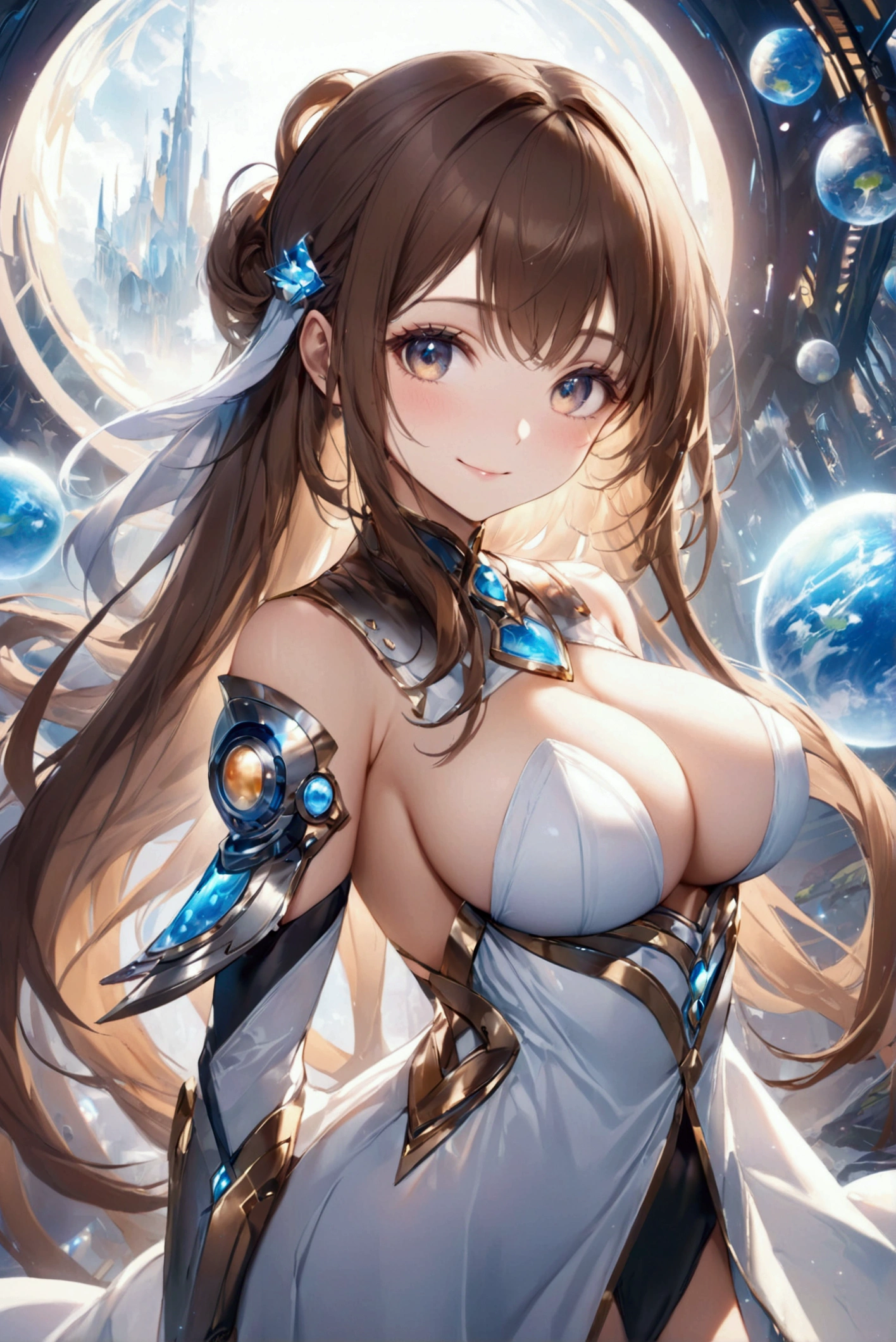 (Highest quality, 8k, 32K, masterpiece, Ultra-high resolution,:1.2),born, One girl,Super cute , Natural light,Clear, shining eyes, 20-year-old ,Fair skin, Brown Haired Girl, Woman warrior, Sexy pose, An innocent smile, A fantasy background reminiscent of an electronic world, Random hairstyle, Long Hair, Long Hair, Large Breasts, adult