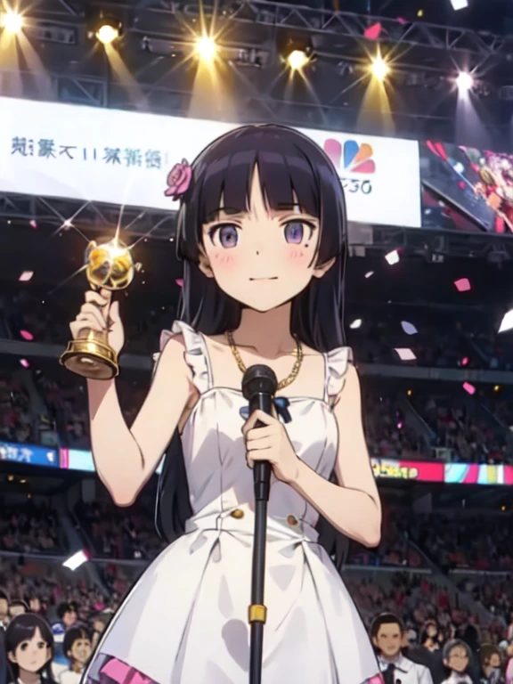 (Award-Winning Moment), (ruri gokou), blush, Long Hair, Black Hair, Mole, Mole under eye, 1 girl, (Award Ceremony), woman, Sunny, Luxury Dresses, Spotlight, applause, smile, necklace, gem, ((Gold Trophy)), (confetti), celebration, stage, Red carpet