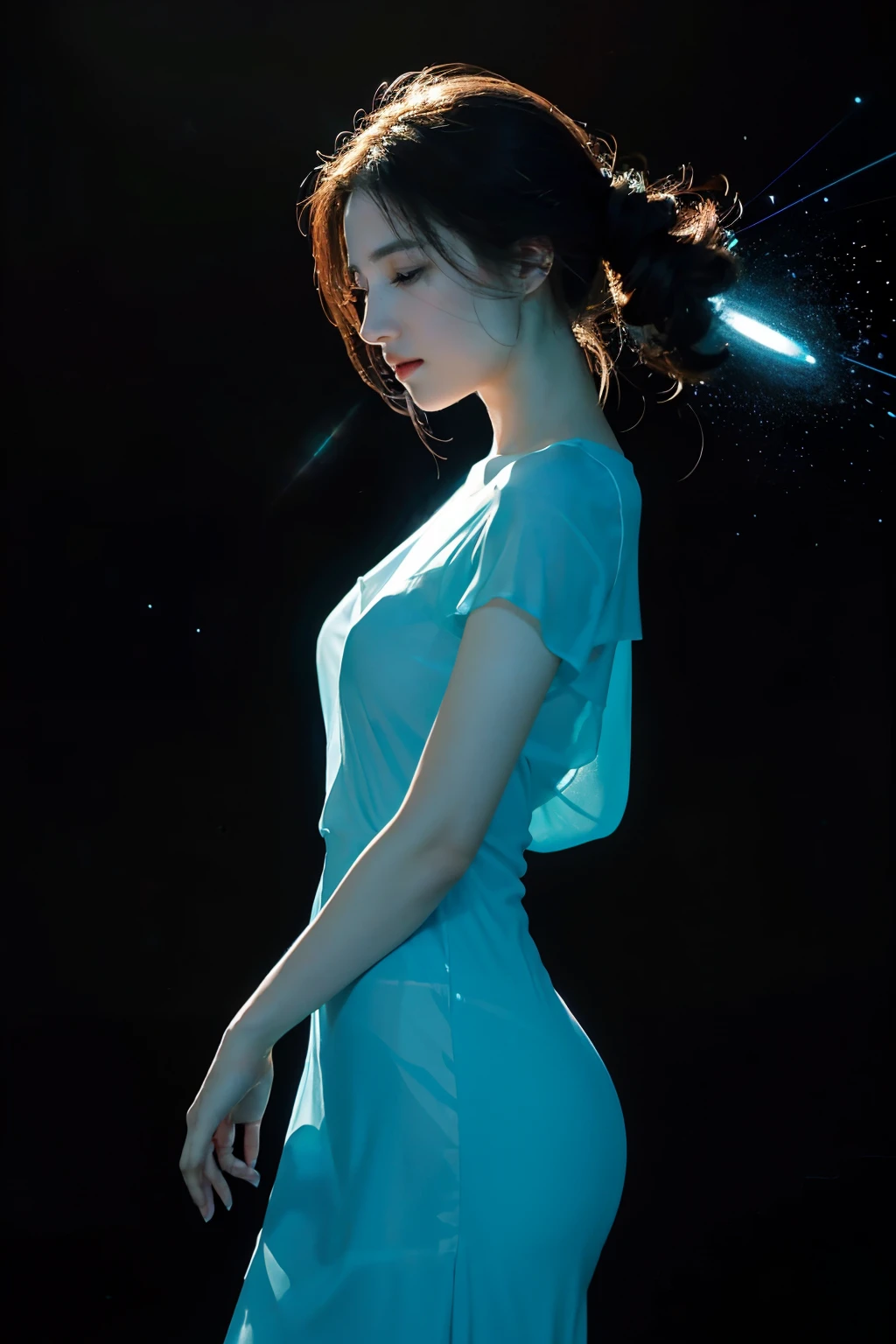 Imagine a glass woman, Her exquisite figure is like a work of art, Crying under the stars. The blue night enveloped her, A melancholy light enveloped her graceful figure. Her glass Body Glows with bright blue hues, Every line and curve is engraved with intricate detail. The glass in her eyes reflects the twinkling stars, Embodying the infinite depth and emotion of the universe. Her sadness is beyond words, But her beautiful figure remains unaffected, Proof of the extraordinary power of emotion. This 4K glass woman is a delicate painting of light and shadow, color, and feeling, arrive,Body Glow,Glowing Line,Fluorescence,Glow Example,Tracking Example,flash,萤Light Particles,Backlight,translucent,Light Particles,Correct human anatomy,
